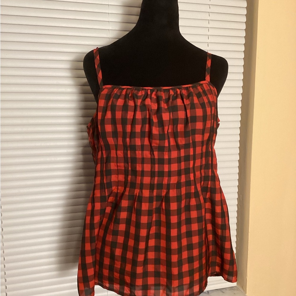 New York & Company Red and Black Checkered Women's Top